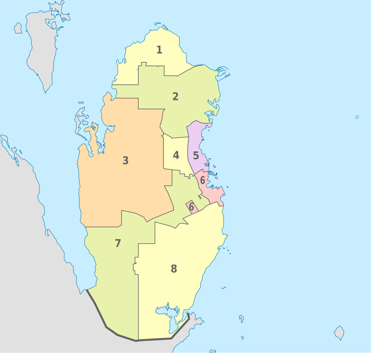 خريطة قطر وبلدياتها الثماني مع أرقام تطابق دليل الأسماء بالعربية