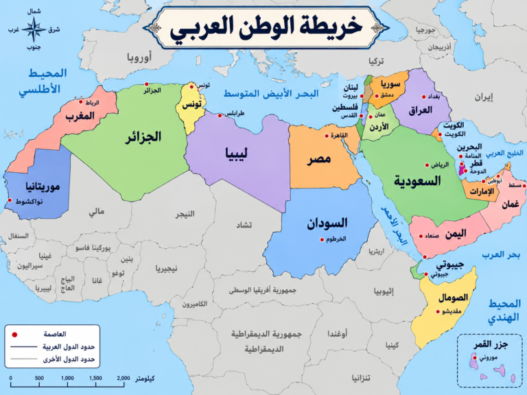 خريطة الوطن العربي بأسماء الدول والعواصم بالعربية توضح مواقع الدول العربية
